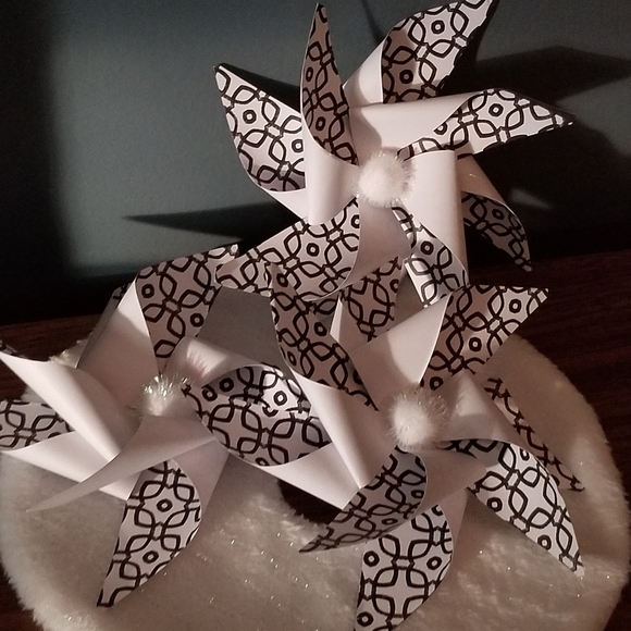 Bundle of (3) Handmade pinwheels in black and white w/white shimmer pom poms - Picture 2 of 4